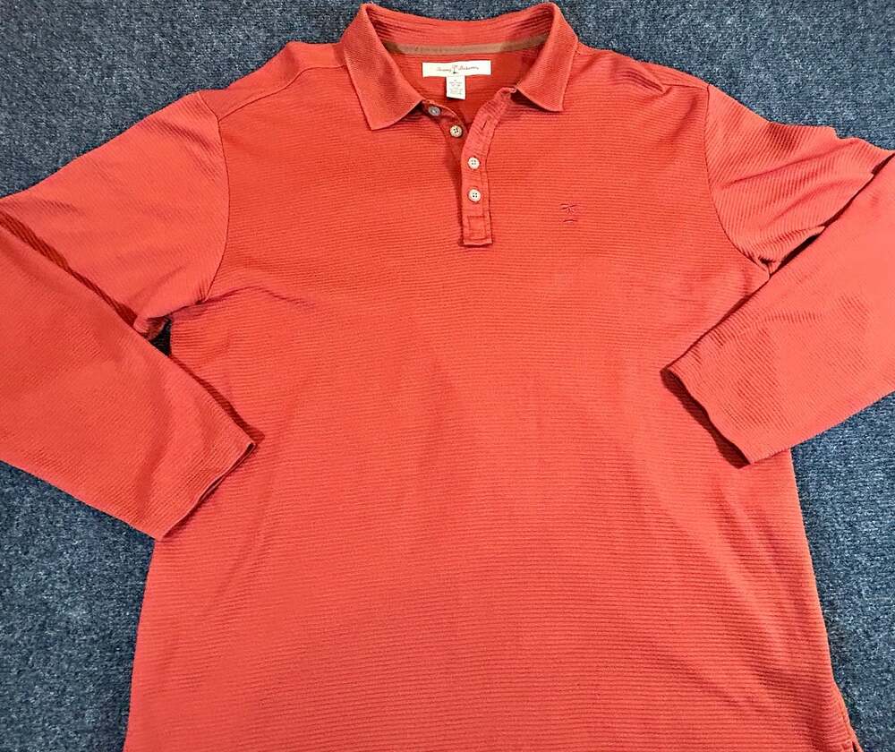 Tommy Bahama Mens XL Long Sleeve Orange Striped Polo Shirt Embroidered Logo